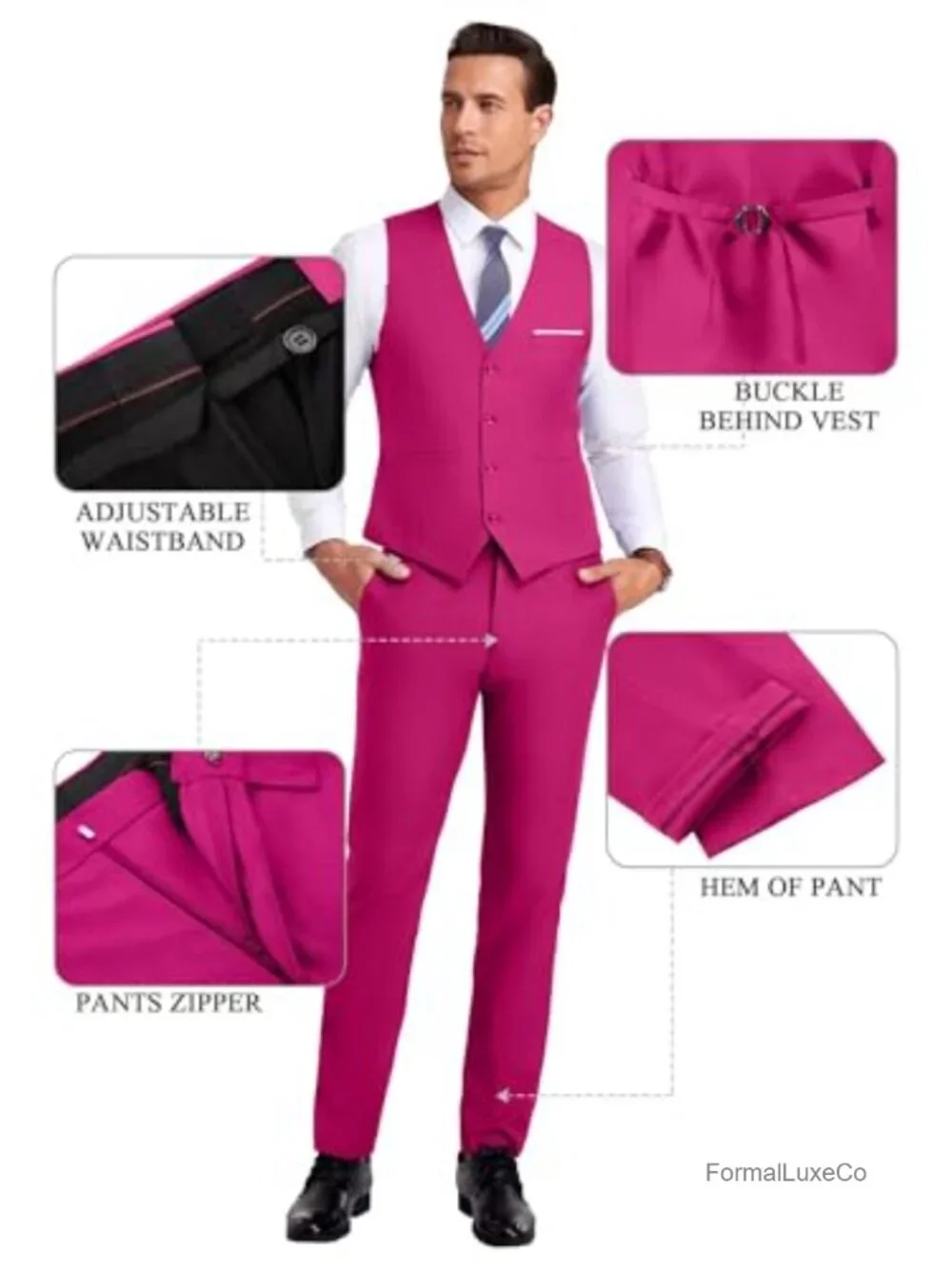 Men's 3-Piece Slim Fit Suit with Vest & Tie, Notched Lapel, 80% Polyester 20%